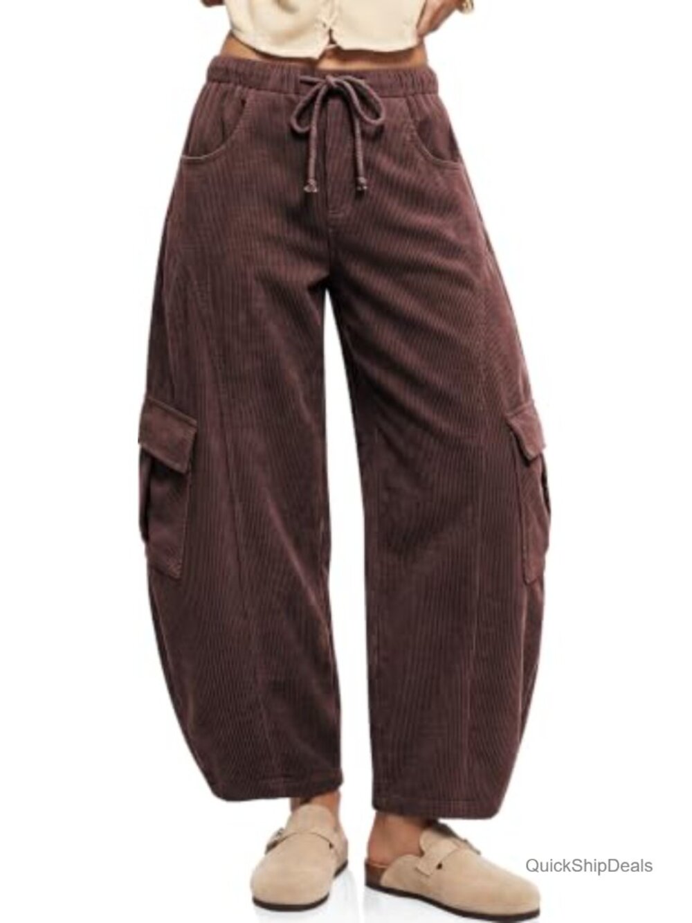 Womens Corduroy Cargo Barrel Wide Leg Pants Relaxed Fit High Rise Cropped